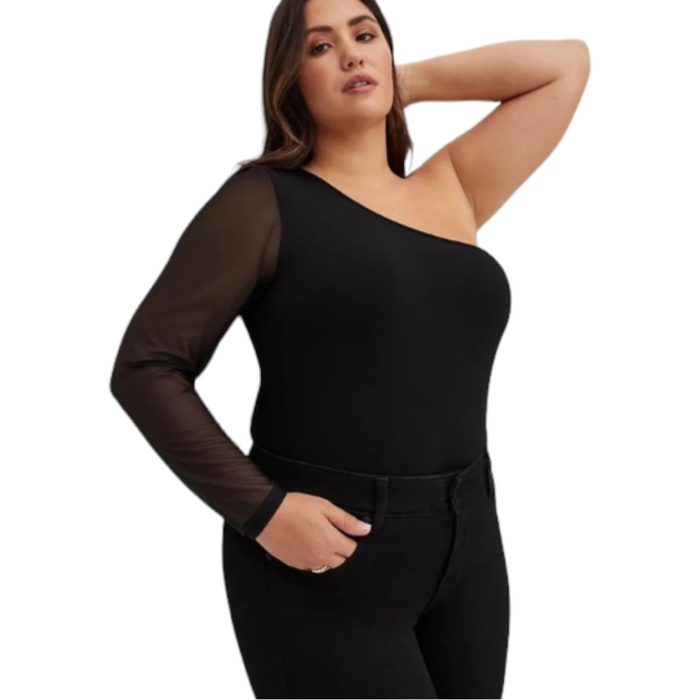 NWT Torrid Women's one shoulder sheer mesh sleeve black top, Sz 3X - Picture 1 of 14